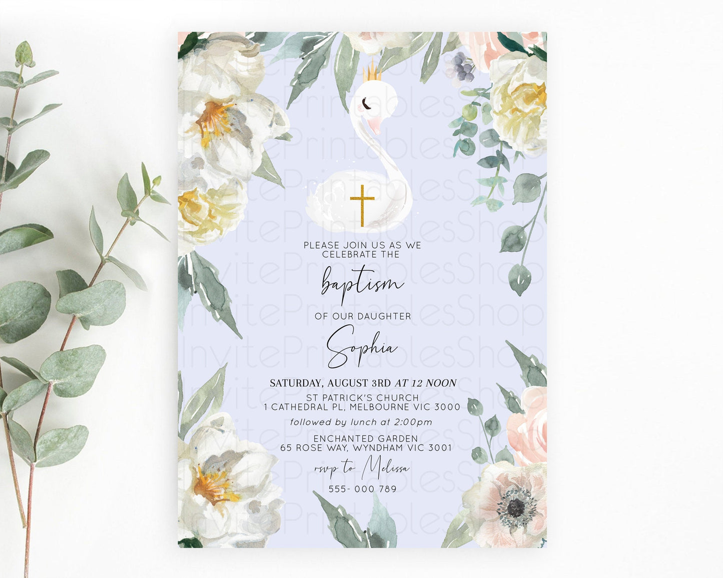 Swan Lake Baptism Invitation Swan Princess Ballet Baptism 1st Birthday Enchanted Forest Secret Garden Watercolour Pastel Floral D10756