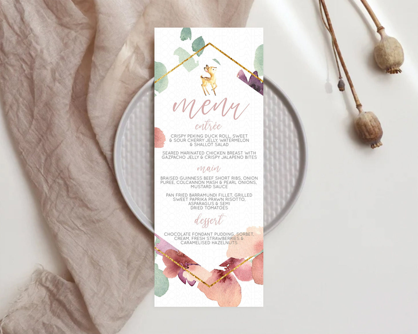 Fawn Menu Deer Menu Template Pastel Floral Deer Table Decor Enchanted Forest Butterfly Floral Dinner Dessert Menu Party Food Menu D10915