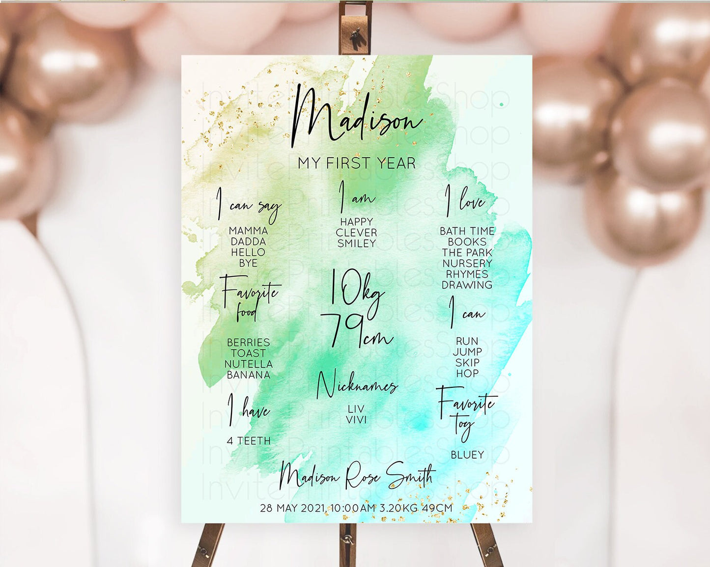 Green First Birthday Milestone Poster Green Watercolor Milestone Board Pastel Green Watercolor Splash Milestone Board 1st Birthday D10170