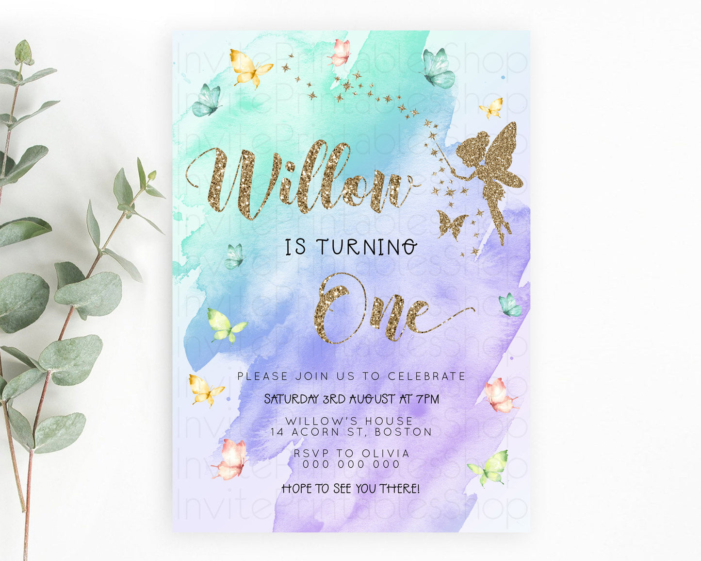 Pastel Fairy Birthday Invitation Pastel Butterflies Fairy Birthday Invitation Rainbow Ombre Watercolor 1st 2nd Birthday Invitation D23335