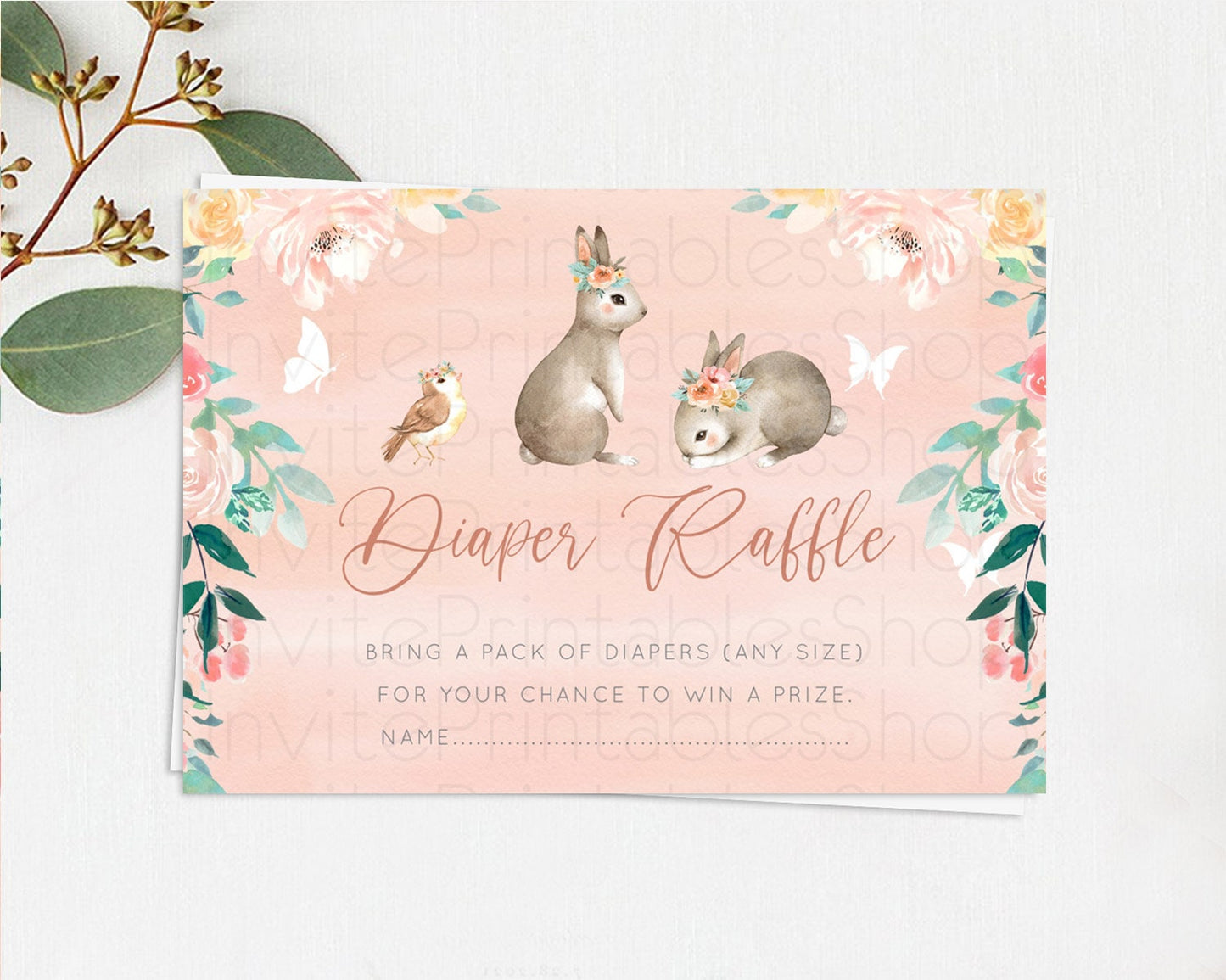Bunny Diaper Raffle Card Floral Bunny Diaper Raffle Insert Pastel Flowers Woodland Bunny Diaper Ticket Forest Bunny Raffle Game D10922