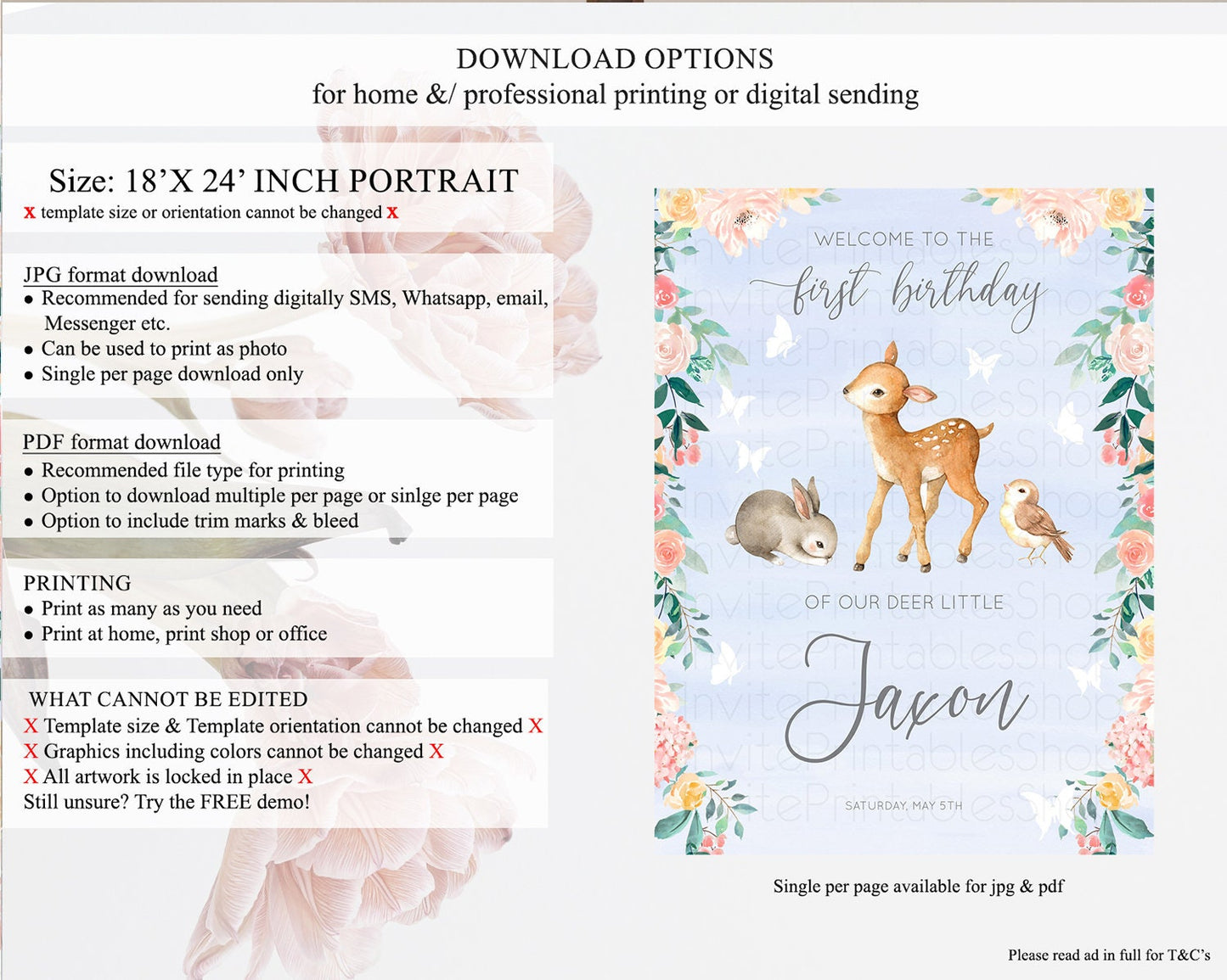 Fawn Welcome Sign Deer Welcome Board Floral Deer Welcome Poster Enchanted Forest Butterfly Pastel Floral First Birthday Welcome Sign D10920