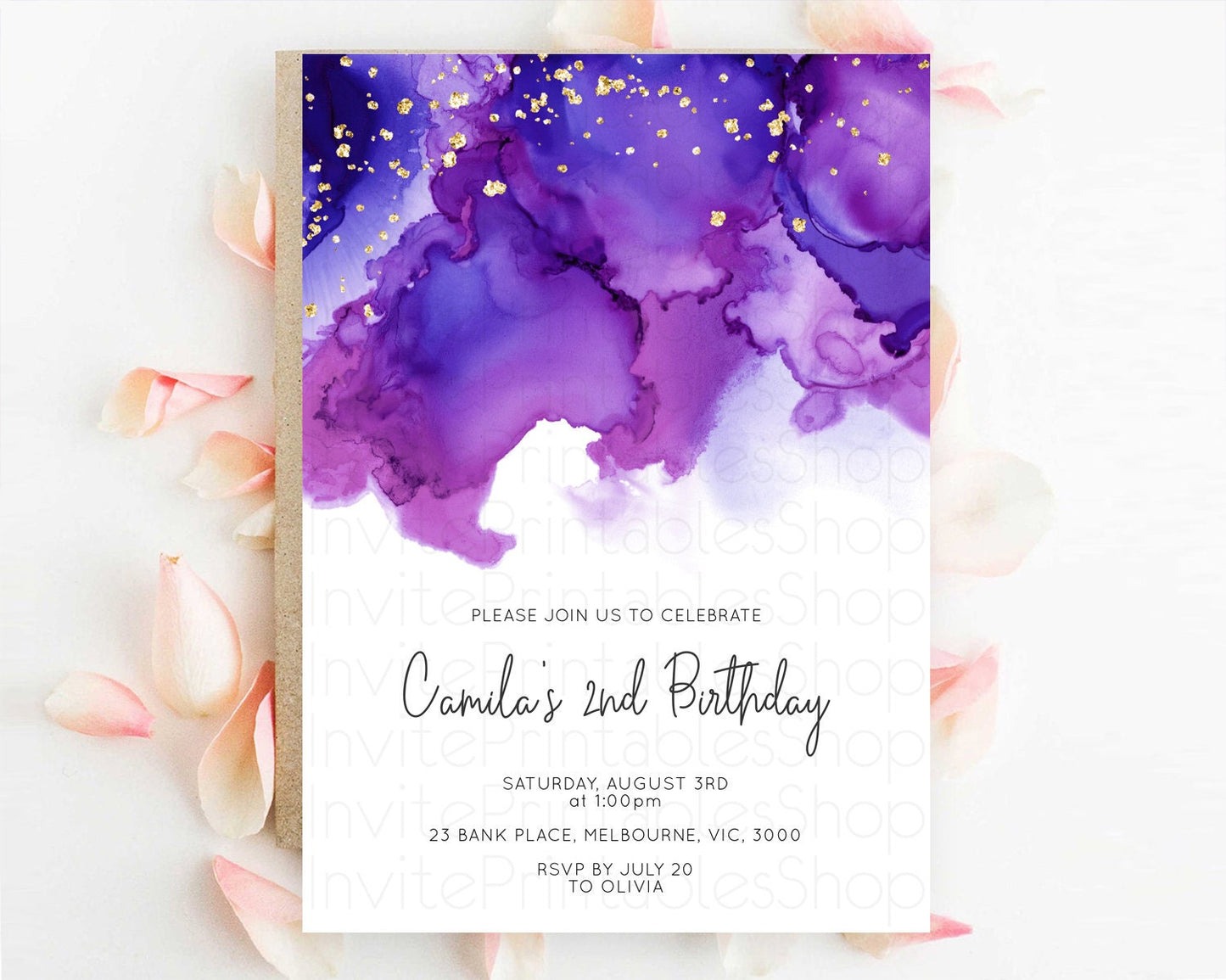 Purple Birthday Invitation Purple Watercolor Invite Pastel Purple Watercolor Invitation Purple Splash Gold Invitation First Birthday D11068