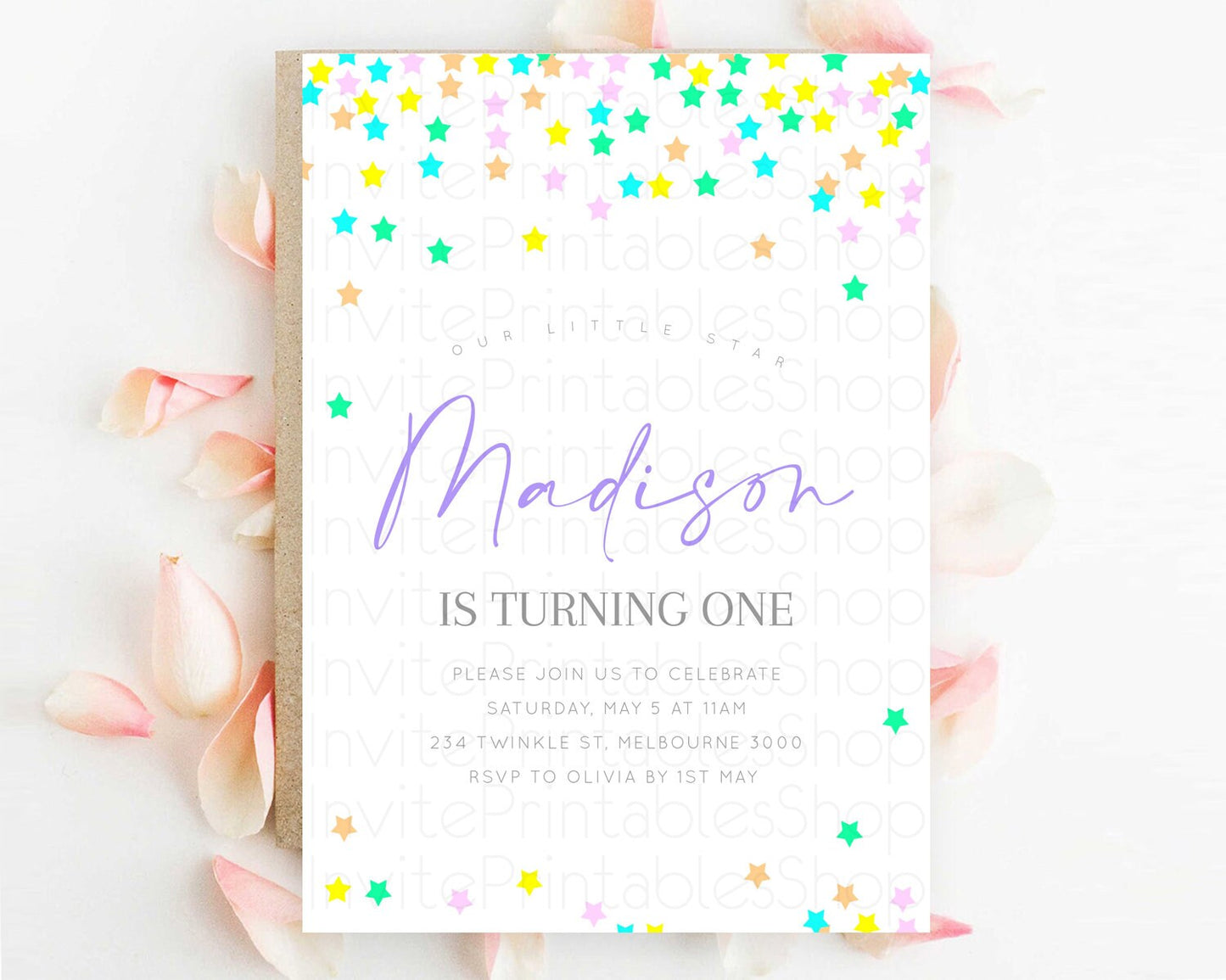 Star Birthday Invitation Pastel Stars Invite Shooting Star Party Rainbow Colorful Confetti Twinkle Little Star 2nd First Birthday D10395