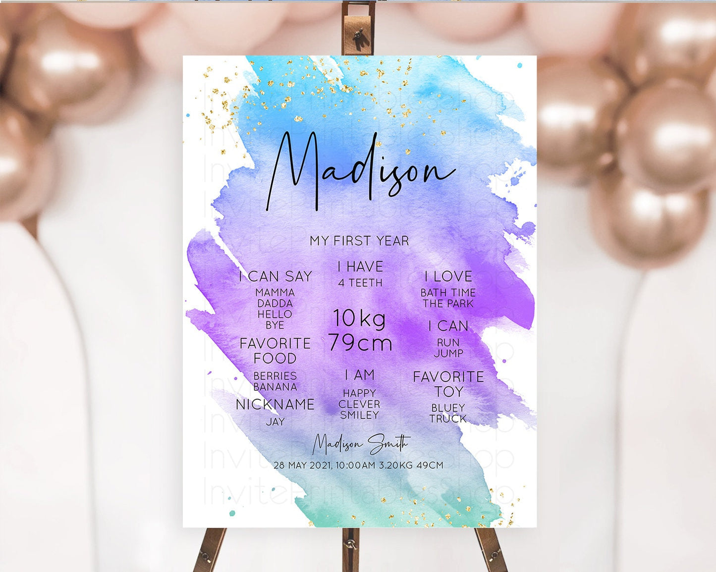 Pastel First Birthday Milestone Board Pastel Rainbow Milestone Poster Colorful Confetti Watercolor Glitter 1st Birthday Welcome Sign D10491