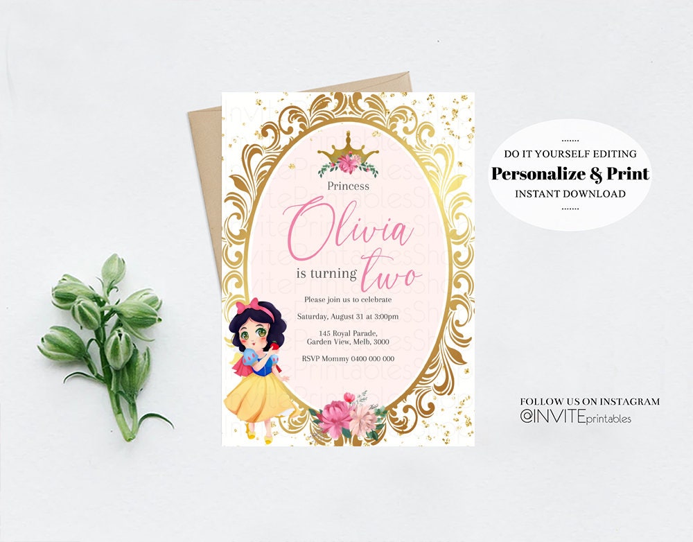 Snow White Birthday Invitation Baby Princess Rose Crown Enchanted Castle Invitation Fairy Tale Mirror Mirror Gold Glitter Royal Celebration