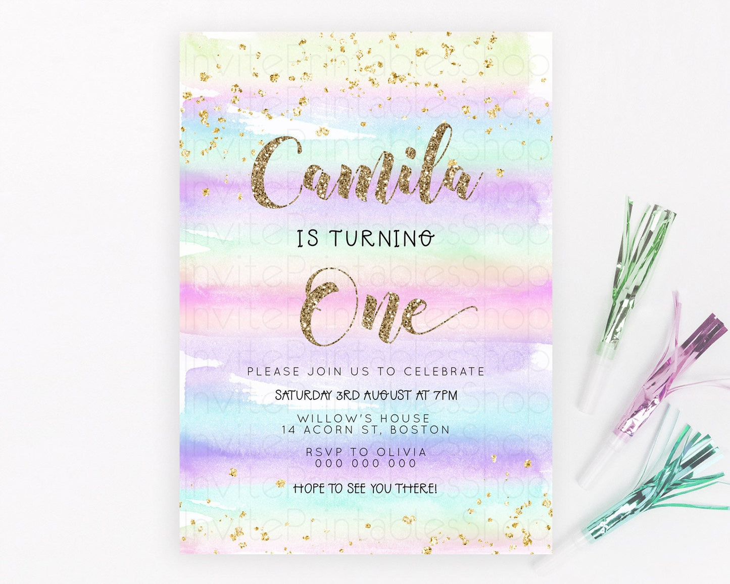 Rainbow Birthday Invitation Colorful Pastel Watercolor Invitation Gold Glitter Sprinkles Ombre Pastel 1st 2nd 3rd Birthday D23263