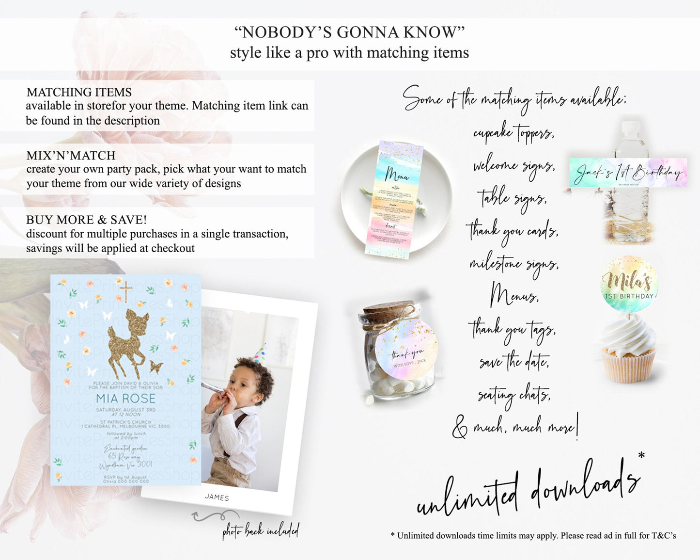 Fawn Baptism Invitation Deer Baptism 1st Birthday Invitation Enchanted Forest Christening Invitation Pastel Garden Butterfly Floral D10902