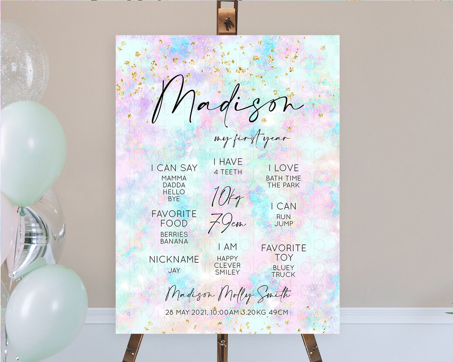 Pastel First Birthday Milestone Board Pastel Rainbow Milestone Poster Colorful Confetti Watercolor Glitter 1st Birthday Welcome Sign D10652