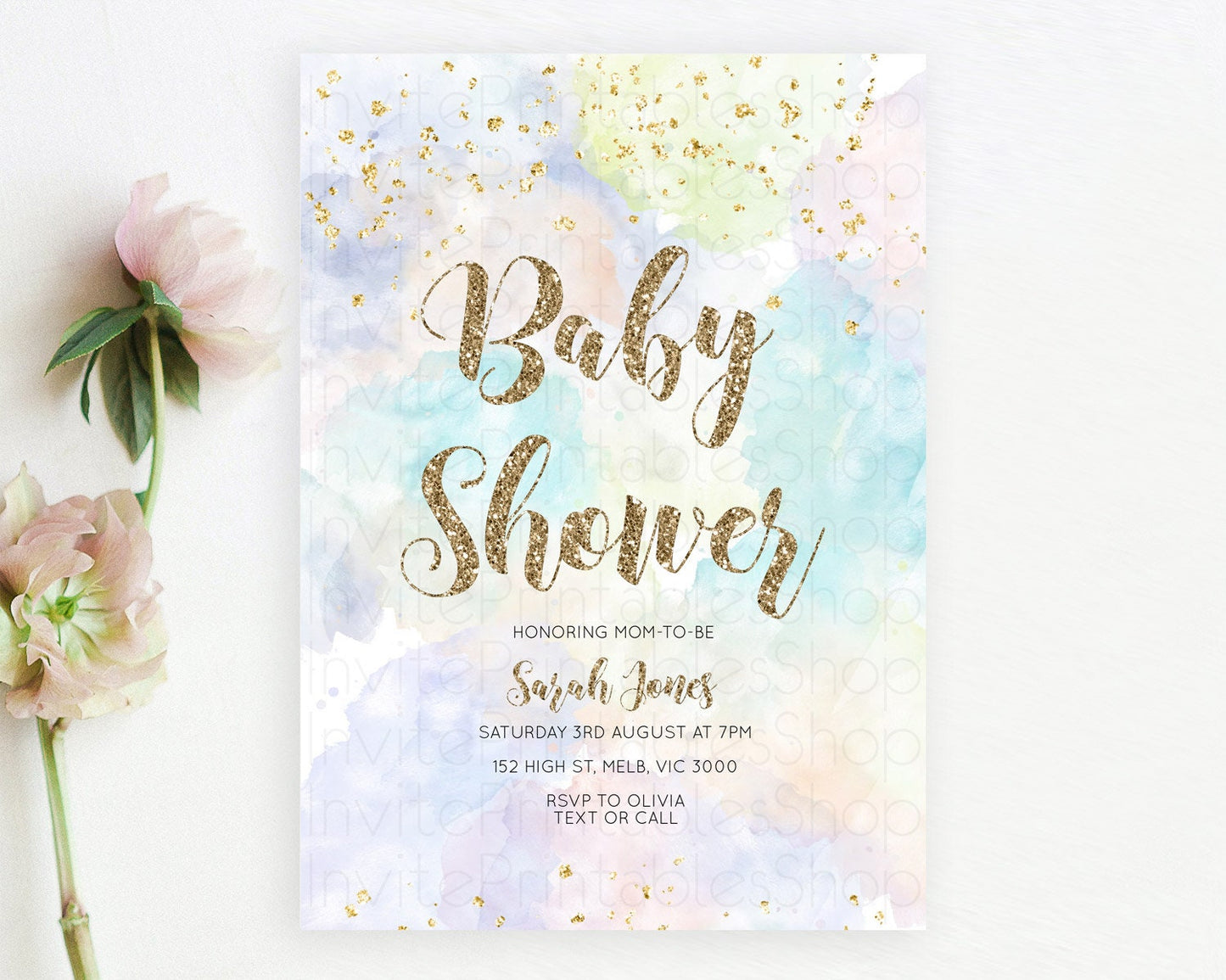 Pastel Baby Shower Invitation Rainbow Baby Shower Invitation Colorful Pastel Watercolor Invitation Gold Glitter Sprinkles Ombre D10614