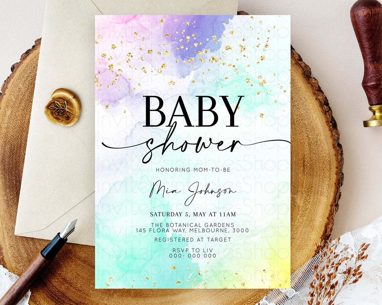 Pastel Baby Shower Invitation Rainbow Baby Shower Invitation Colorful Pastel Watercolor Invitation Gold Glitter Sprinkles Ombre D10157