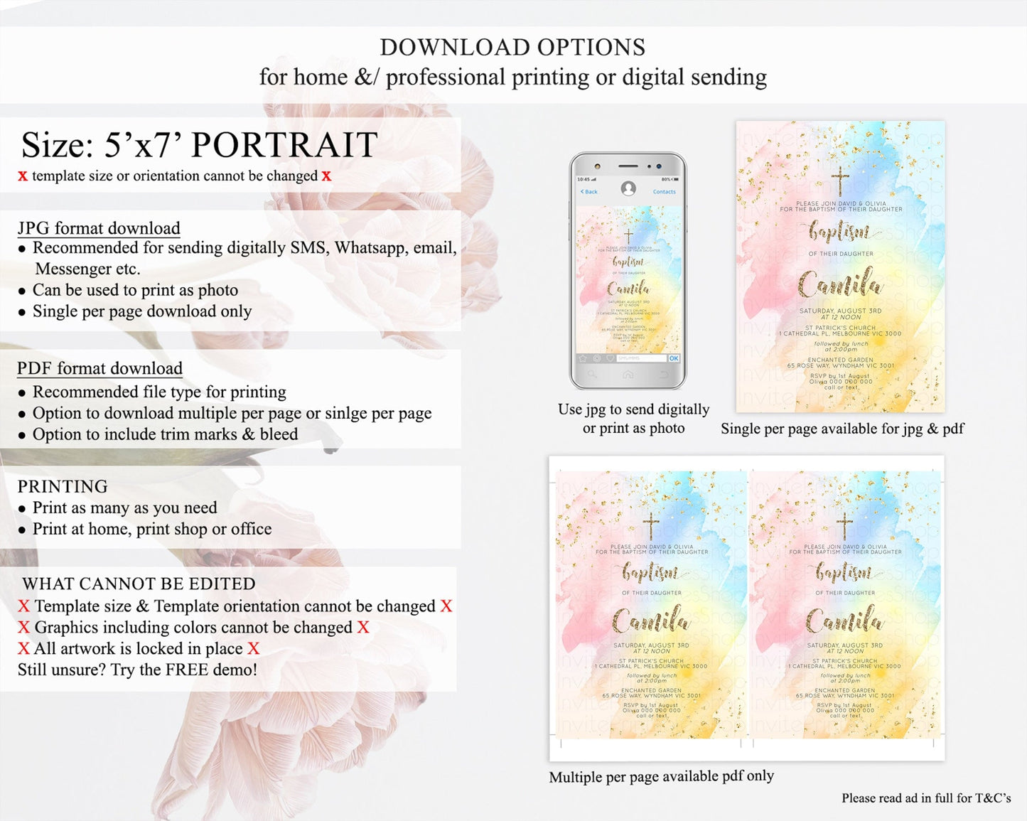 Pastel Baptism Invitation Pastel Colors Watercolor Baptism 1st Birthday Party Gold Ombre Pastel Rainbow Christening Holy Communion D10556