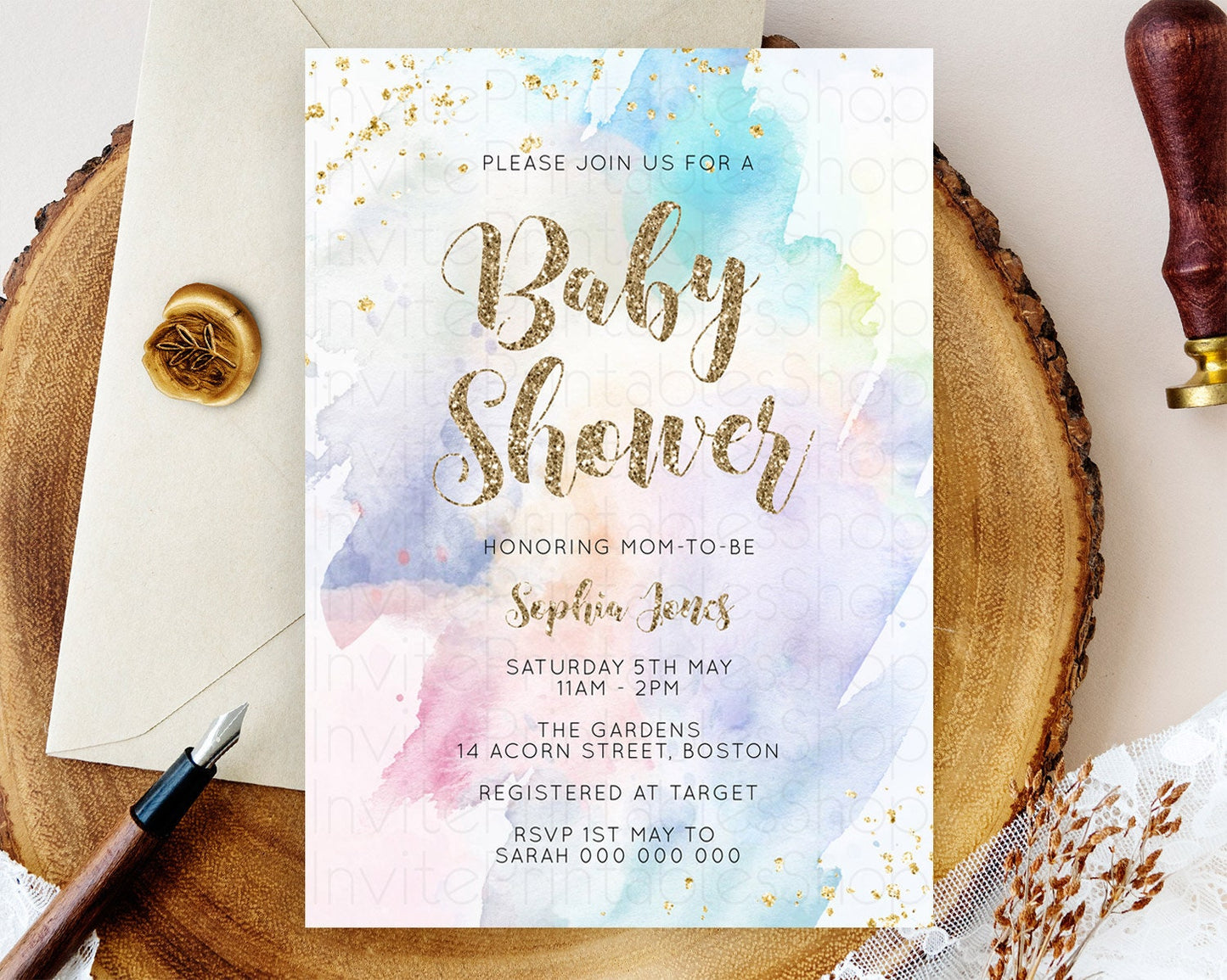 Pastel Baby Shower Invitation Rainbow Baby Shower Invitation Colorful Pastel Watercolor Invitation Gold Glitter Sprinkles Ombre D10421