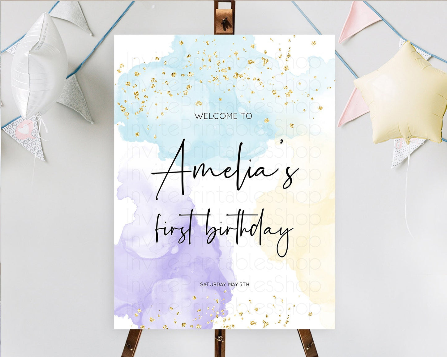 Pastel Welcome Sign Pastel Rainbow Welcome Sign Colorful Rainbow Confetti Watercolor Glitter Pastel First Birthday Welcome Sign D10208