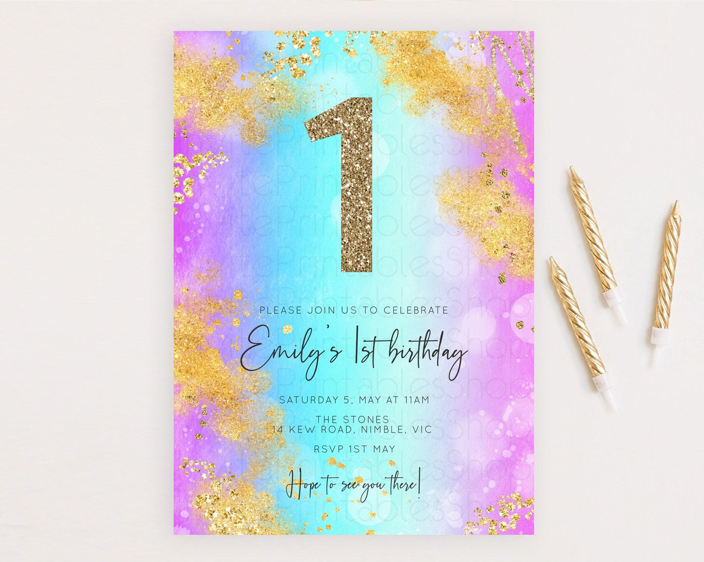 Rainbow Birthday Invitation Colorful Pastel Watercolor Invitation Gold Glitter Sprinkles Ombre Pastel 1st 2nd 3rd Birthday D10564