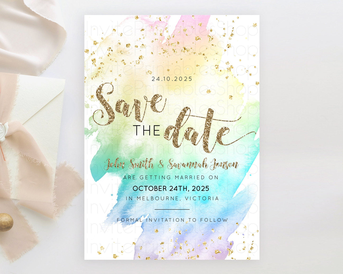 Pastel Save The Date Template Pastel Ombre Rainbow Watercolor Colorful Party For Birthday Baptism Baby Shower Wedding Bridal Shower D10259