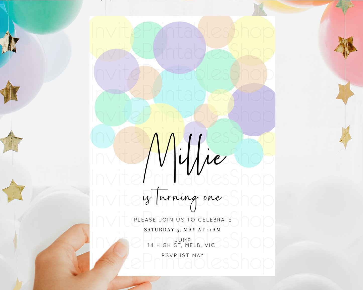 Pastel Birthday Invitation Pastel Confetti Birthday Invitation Bubbles Invitation Colorful Rainbow Confetti 2nd 1st First Birthday D10414