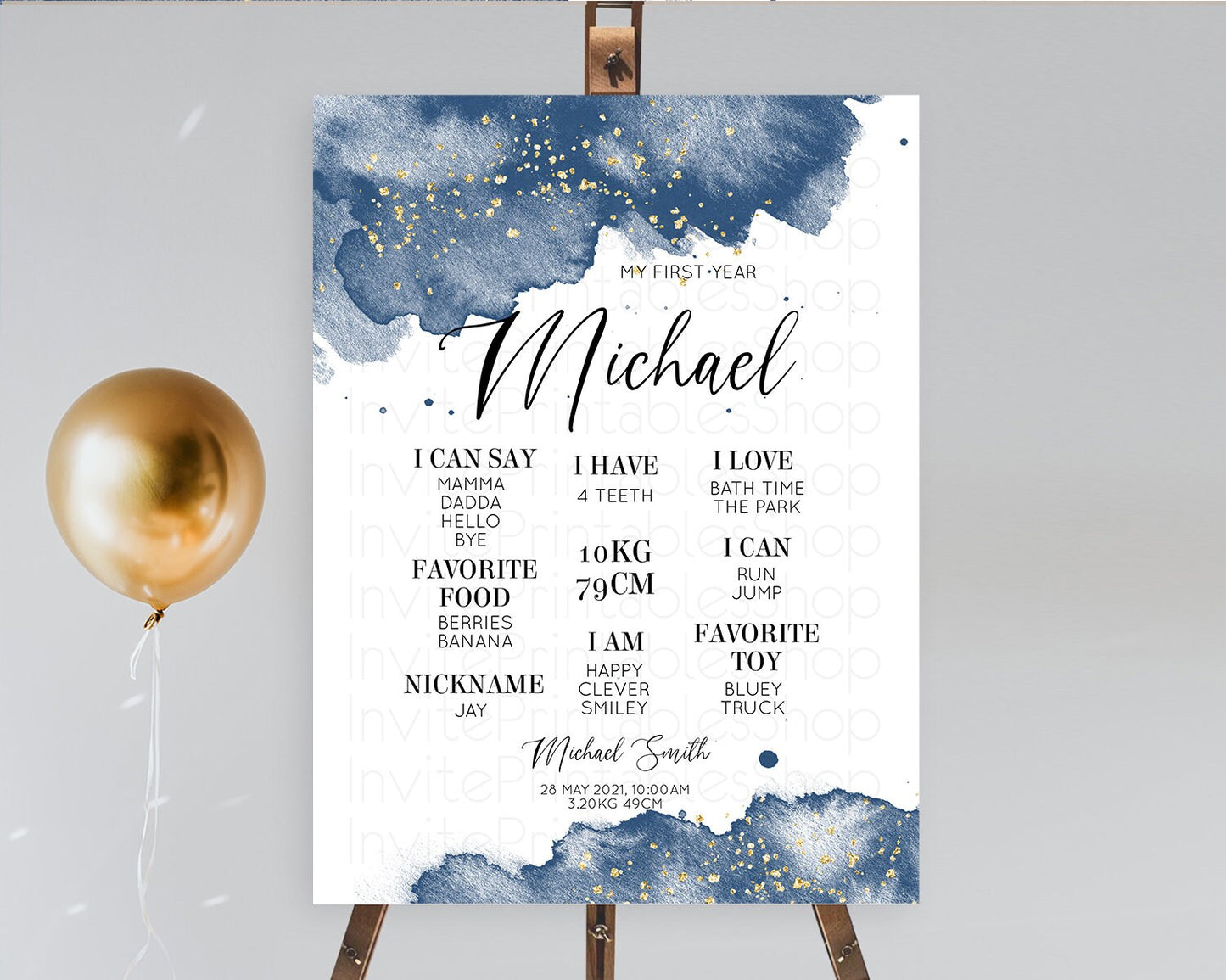 Blue First Birthday Milestone Poster Blue Watercolor Milestone Board Pastel Blue Watercolor Splash Milestone Board 1st Birthday Sign D10312