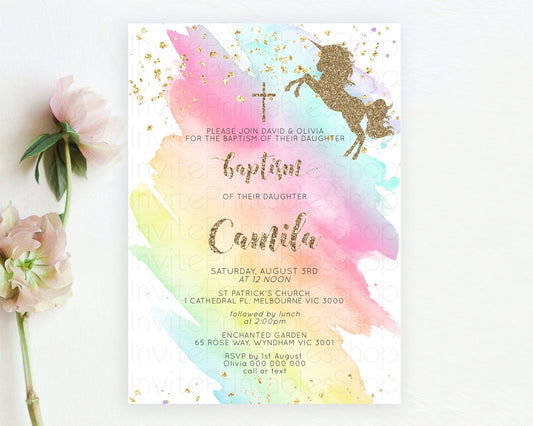Editable Unicorn Rainbow Baptism Invitation Pastel Baptism Birthday Invitati