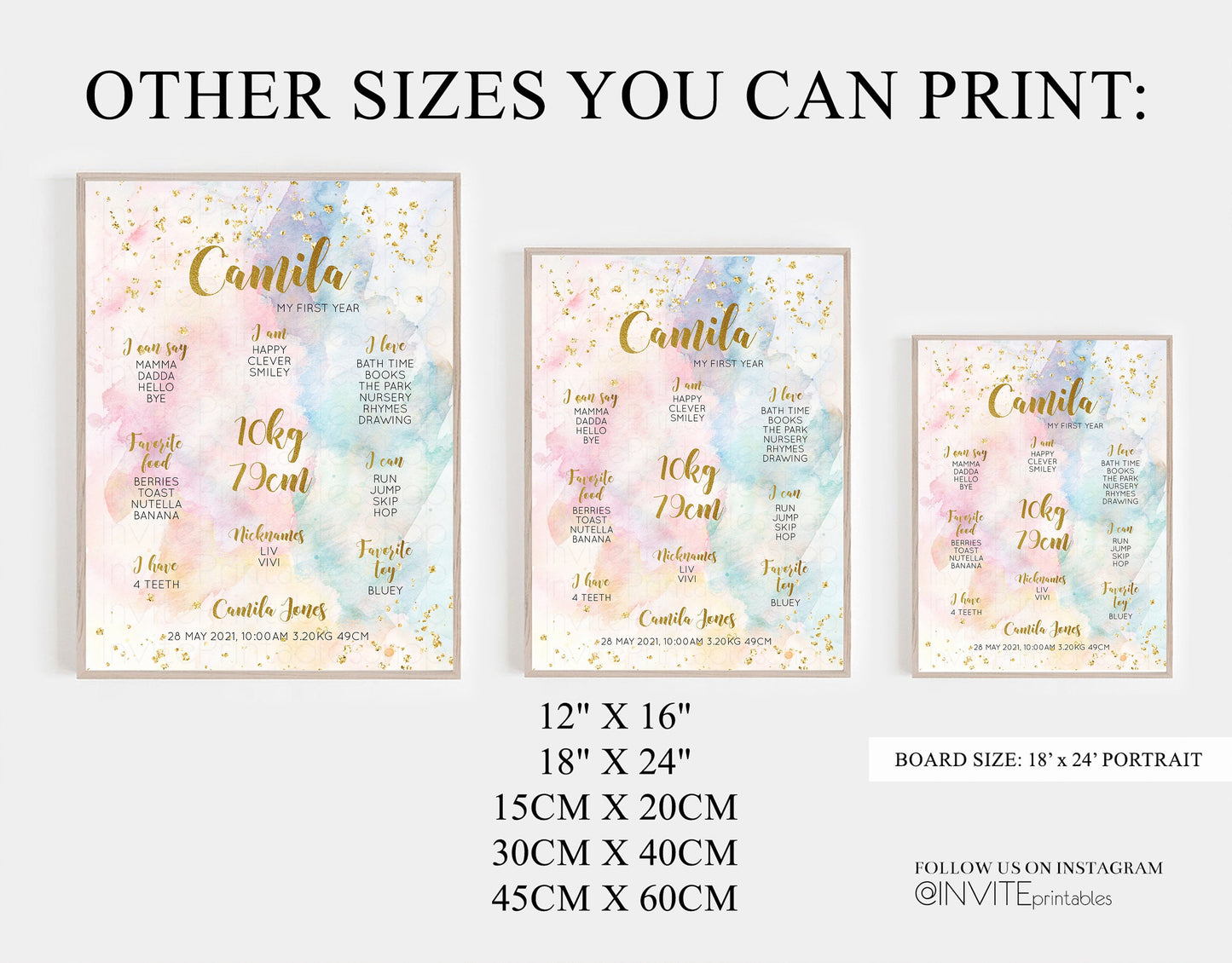 Pastel First Birthday Milestone Board Pastel Rainbow Milestone Poster Watercolor Glitter One Year Poster Colorful Splash Baby 1st Year 276