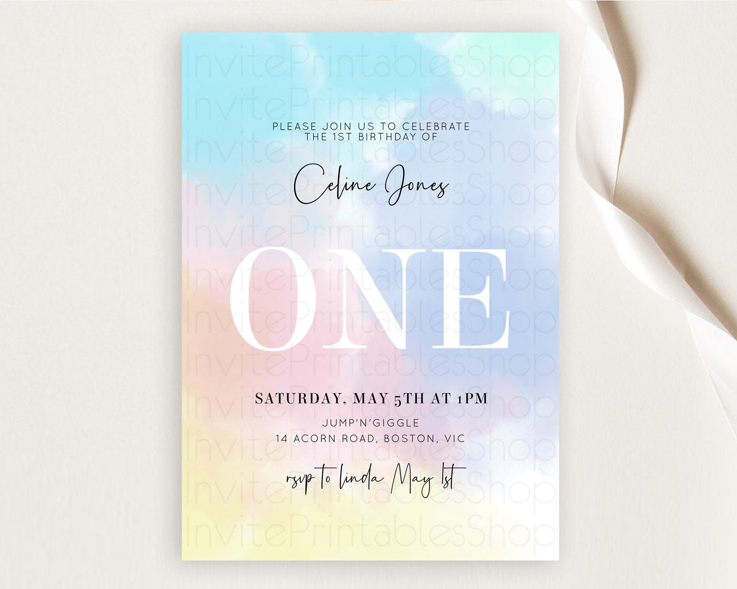 Rainbow Birthday Invitation Colorful Pastel Watercolor Invitation Gold Glitter Sprinkles Ombre Pastel 1st 2nd 3rd Birthday D10373