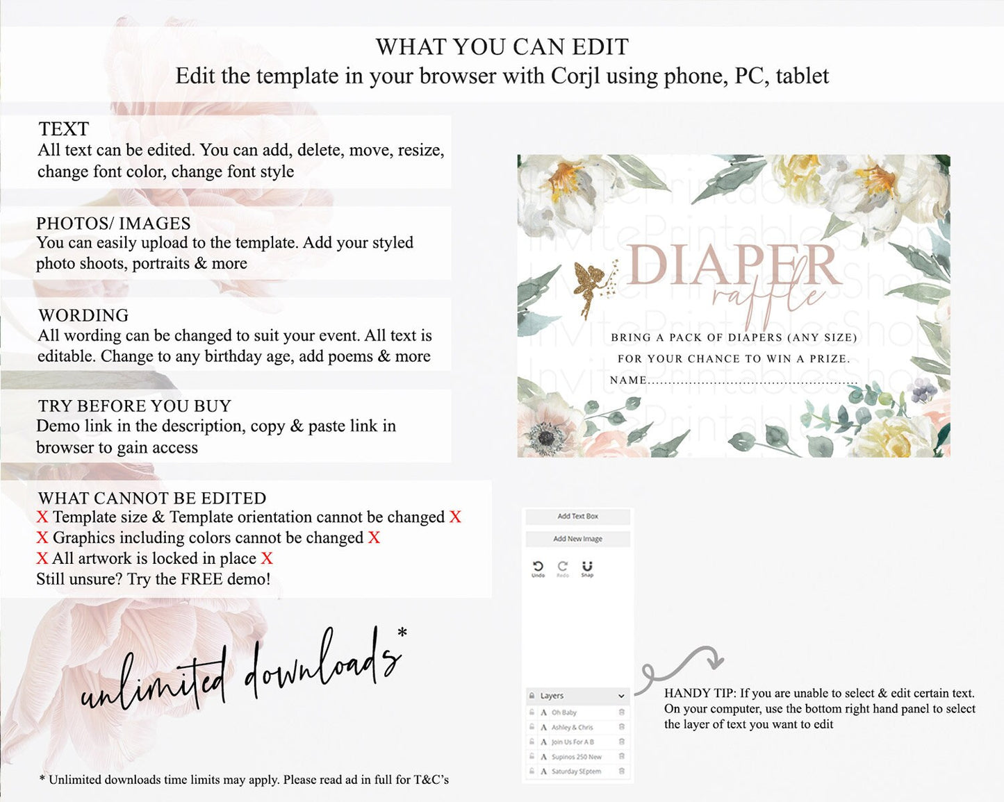 Fairy Diaper Raffle Card Fairy Diaper Insert Enchanted Garden Fairy Diaper Ticket Pastel Floral Butterfly Secret Garden Raffle Game D10800