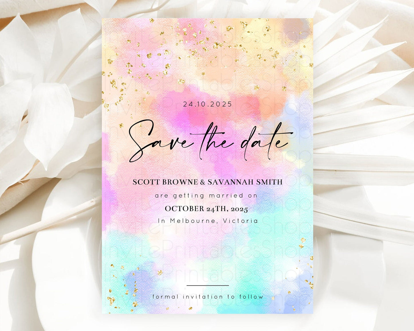 Pastel Save The Date Template Pastel Ombre Rainbow Watercolor Colorful Party For Birthday Baptism Baby Shower Wedding Bridal Shower D10667