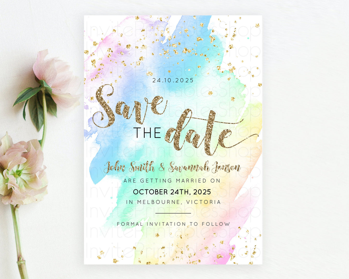 Pastel Save The Date Template Pastel Ombre Rainbow Watercolor Colorful Party For Birthday Baptism Baby Shower Wedding Bridal Shower D10637