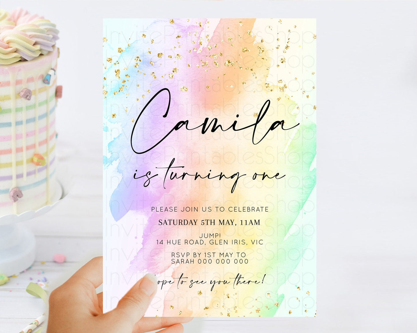 Rainbow Birthday Invitation Colorful Pastel Watercolor Invitation Gold Glitter Sprinkles Ombre Pastel 1st 2nd 3rd Birthday D10645