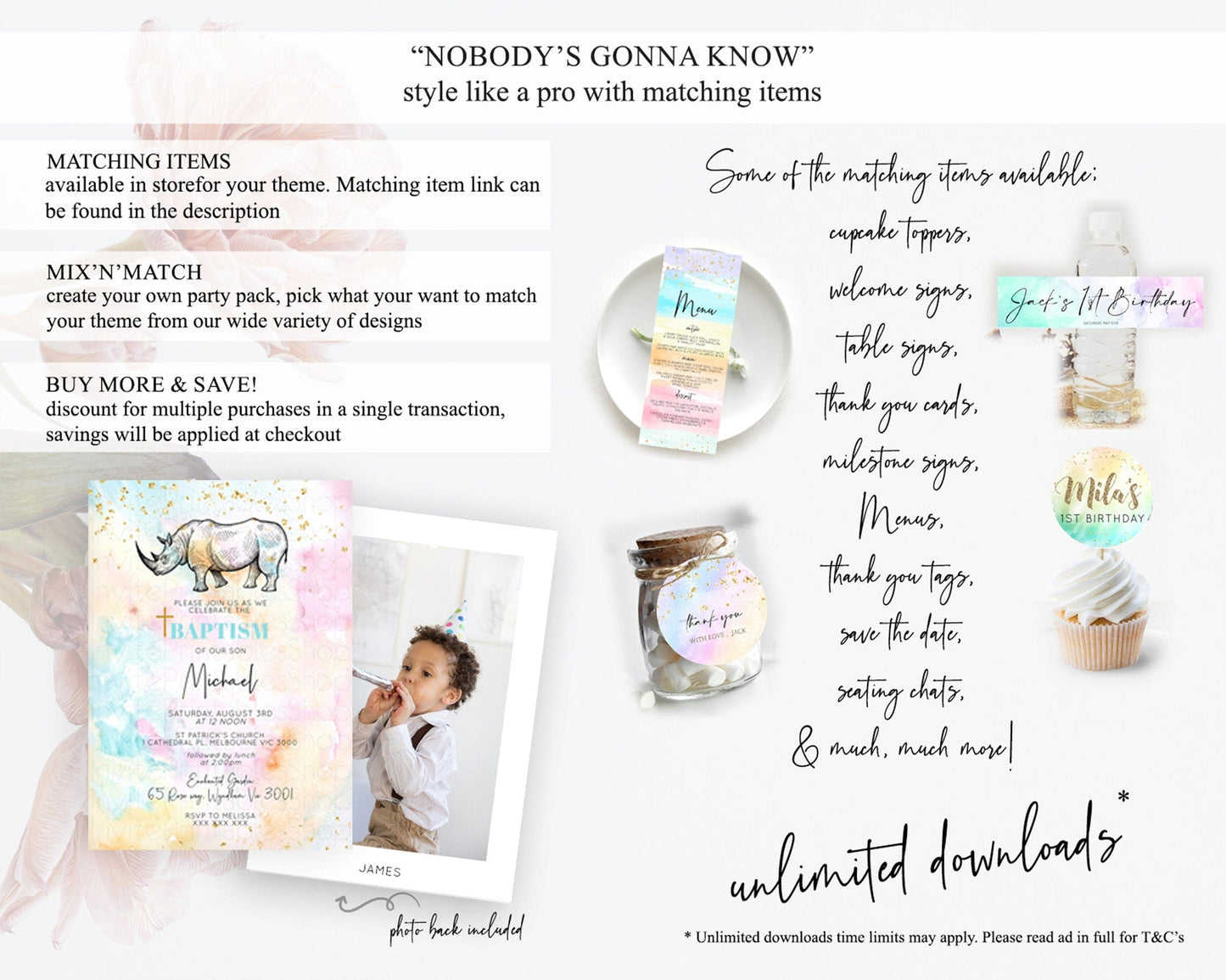 Rhino Baptism Invitation Rhino Baptism 1st Birthday Invitation Rhino Pastel Watercolor Rainbow Christening Invitation Religious D10287