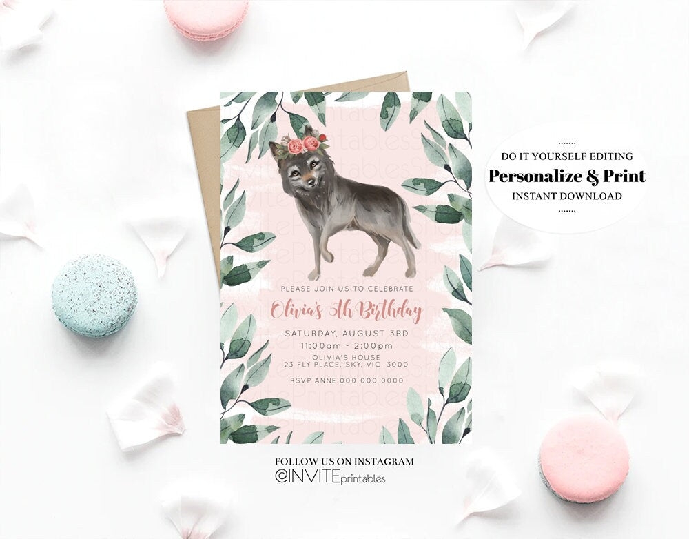 Wolf Invitation Wolf Birthday Invite Grey Baby Wolf Tribal Boho Pink Pastel Flower Crown Greenery Garden Forest Custom Invite