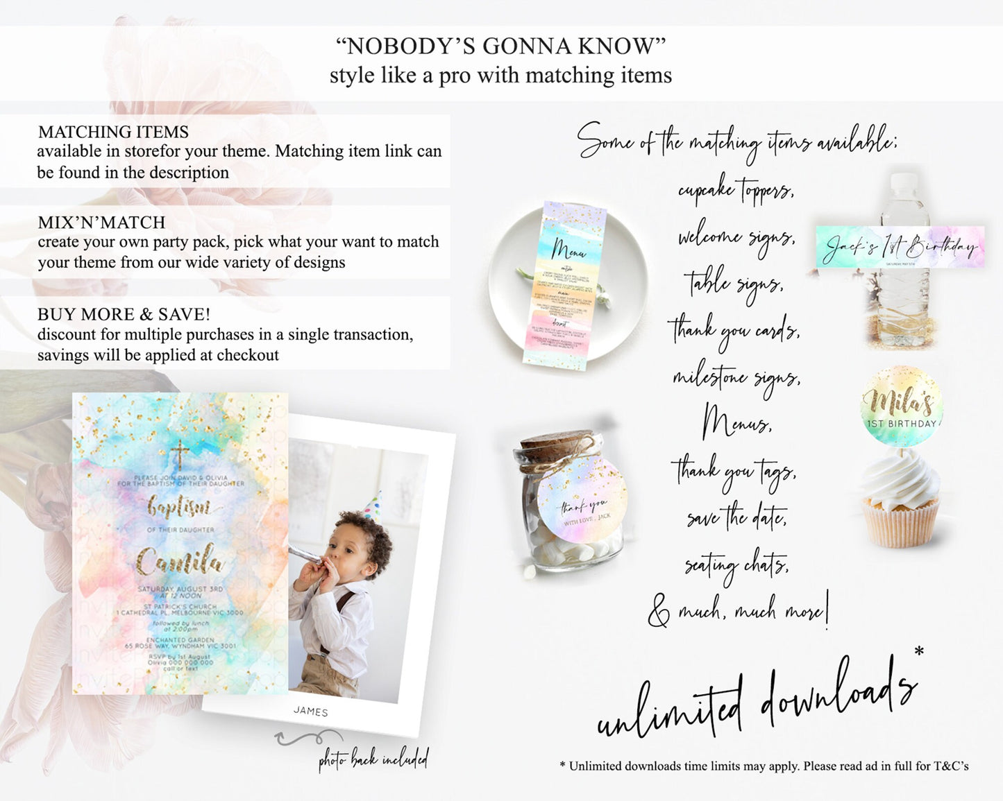 Pastel Baptism Invitation Pastel Colors Watercolor Baptism 1st Birthday Party Gold Ombre Pastel Rainbow Christening Holy Communion D10261