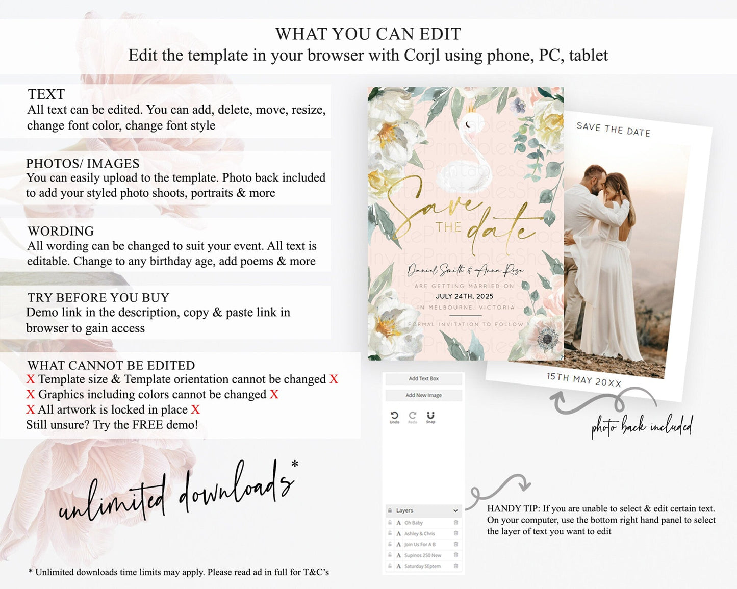 Swan Save The Date Template Swan Princess Ballet Party Enchanted Swan Lake Secret Garden Pastel Floral Birthday Baptism Baby Shower D10115
