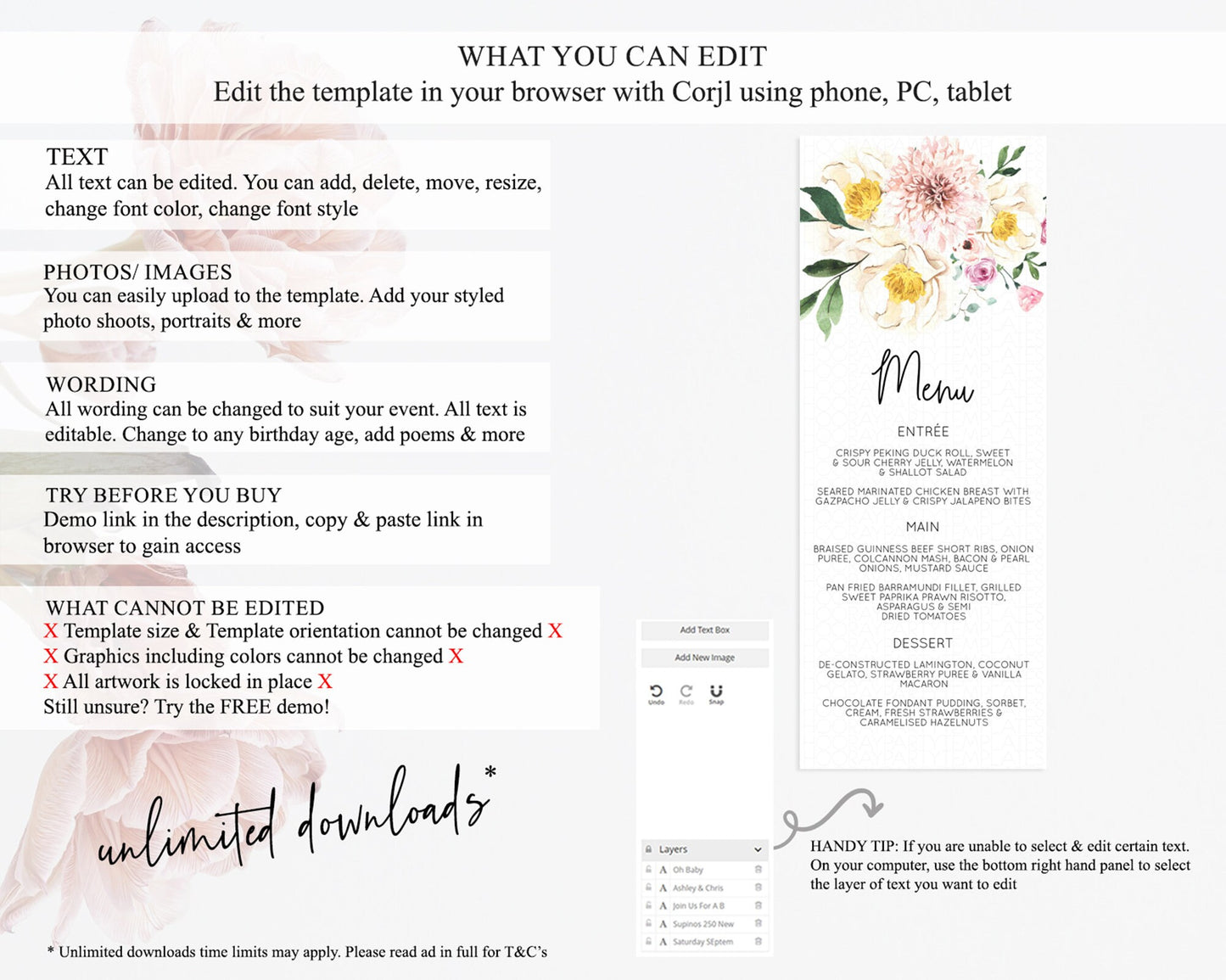 Secret Garden Menu Wildflower Menu Template Pastel Flower Garden Table Decor Boho Floral Dinner Dessert Floral Party Food Menu D11040