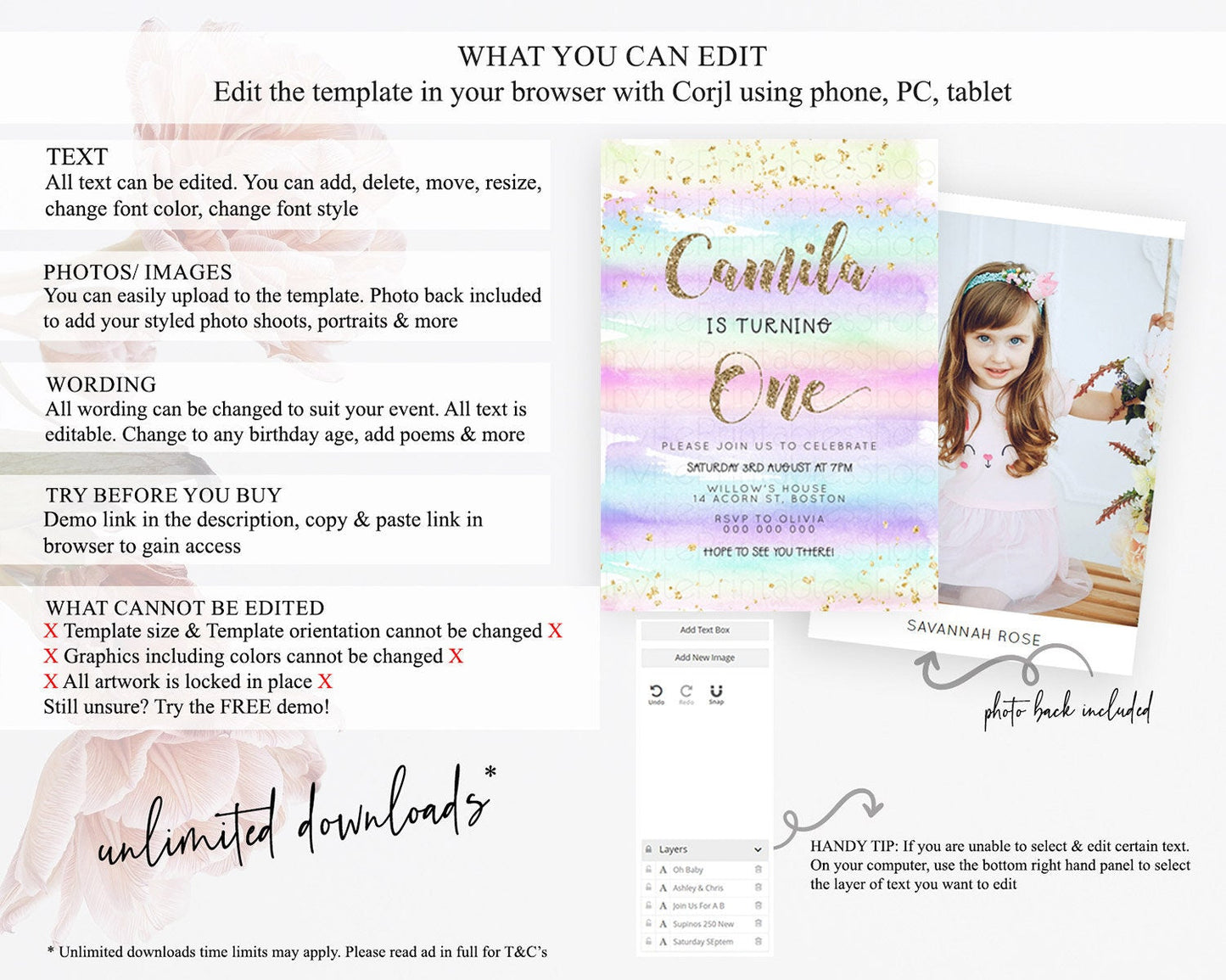 Rainbow Birthday Invitation Colorful Pastel Watercolor Invitation Gold Glitter Sprinkles Ombre Pastel 1st 2nd 3rd Birthday D23263