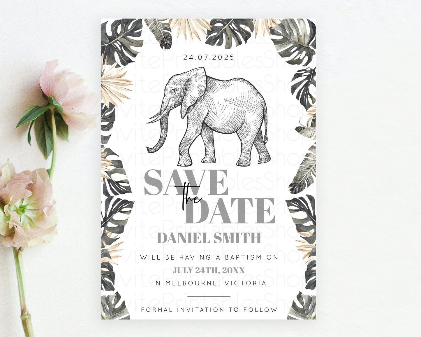 Elephant Save The Date Template Elephant Safari Adventure Party Dried Palm Fern Zoo 1st Birthday Baptism Baby Shower Bridal Shower D10806