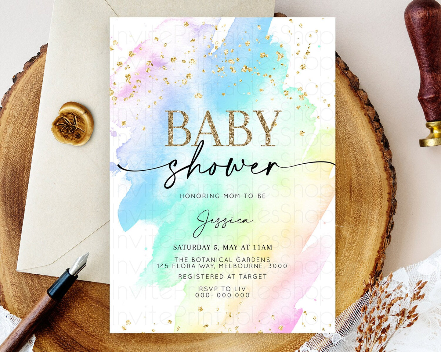 Pastel Baby Shower Invitation Rainbow Baby Shower Invitation Colorful Pastel Watercolor Invitation Gold Glitter Sprinkles Ombre D10640