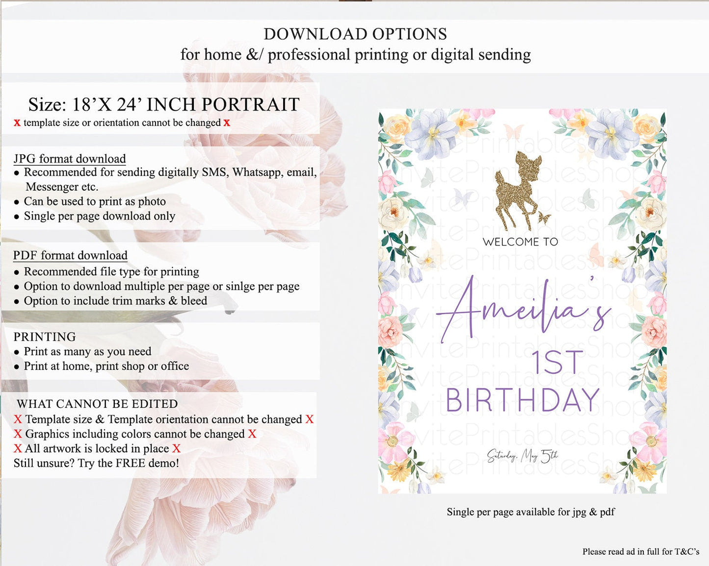 Fawn Welcome Sign Deer Welcome Board Floral Deer Welcome Poster Enchanted Forest Butterfly Pastel Floral First Birthday Welcome Sign D10477