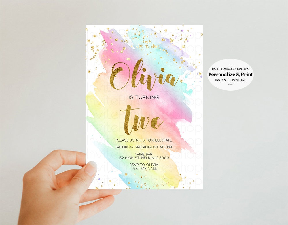 Rainbow Birthday Invitation Pastel Birthday Invitation Colorful Watercolor Invite Ombre Pastel Invitation Gold Glitter Sprinkles Invite G518