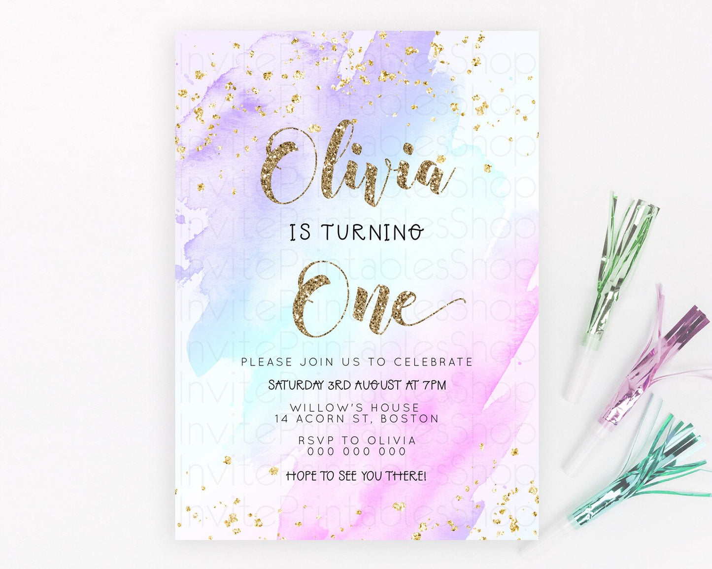 Rainbow Birthday Invitation Colorful Pastel Watercolor Invitation Gold Glitter Sprinkles Ombre Pastel 1st 2nd 3rd Birthday D23283