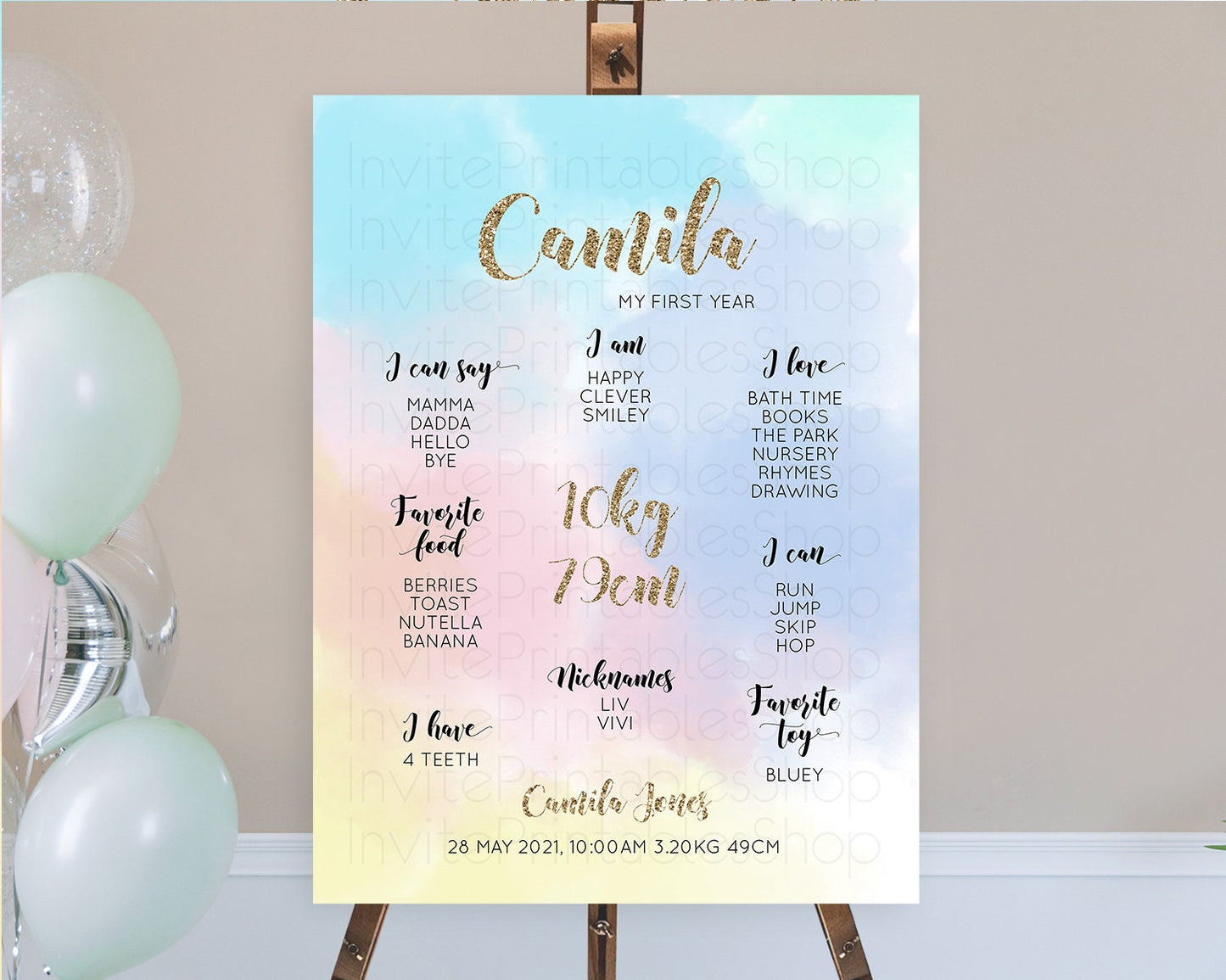 Pastel First Birthday Milestone Board Pastel Rainbow Milestone Poster Colorful Confetti Watercolor Glitter 1st Birthday Welcome Sign D10378