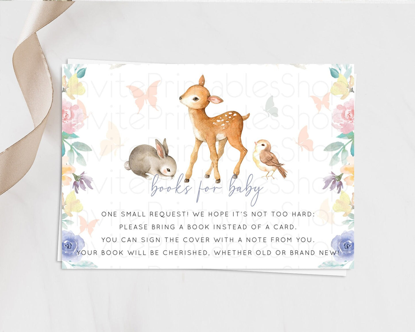 Fawn Books For Baby Card Deer Book Insert Floral Deer Book Card Enchanted Forest Butterfly Pastel Baby Shower Book Poem Request D10930