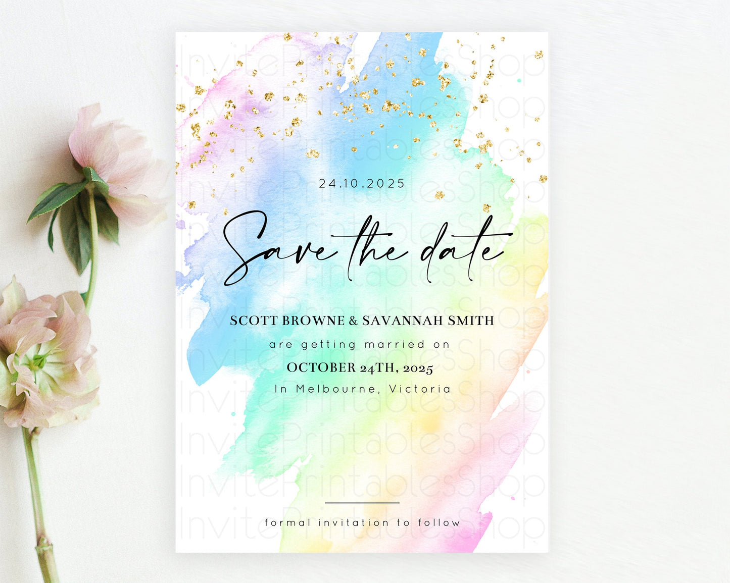 Pastel Save The Date Template Pastel Ombre Rainbow Watercolor Colorful Party For Birthday Baptism Baby Shower Wedding Bridal Shower D10640