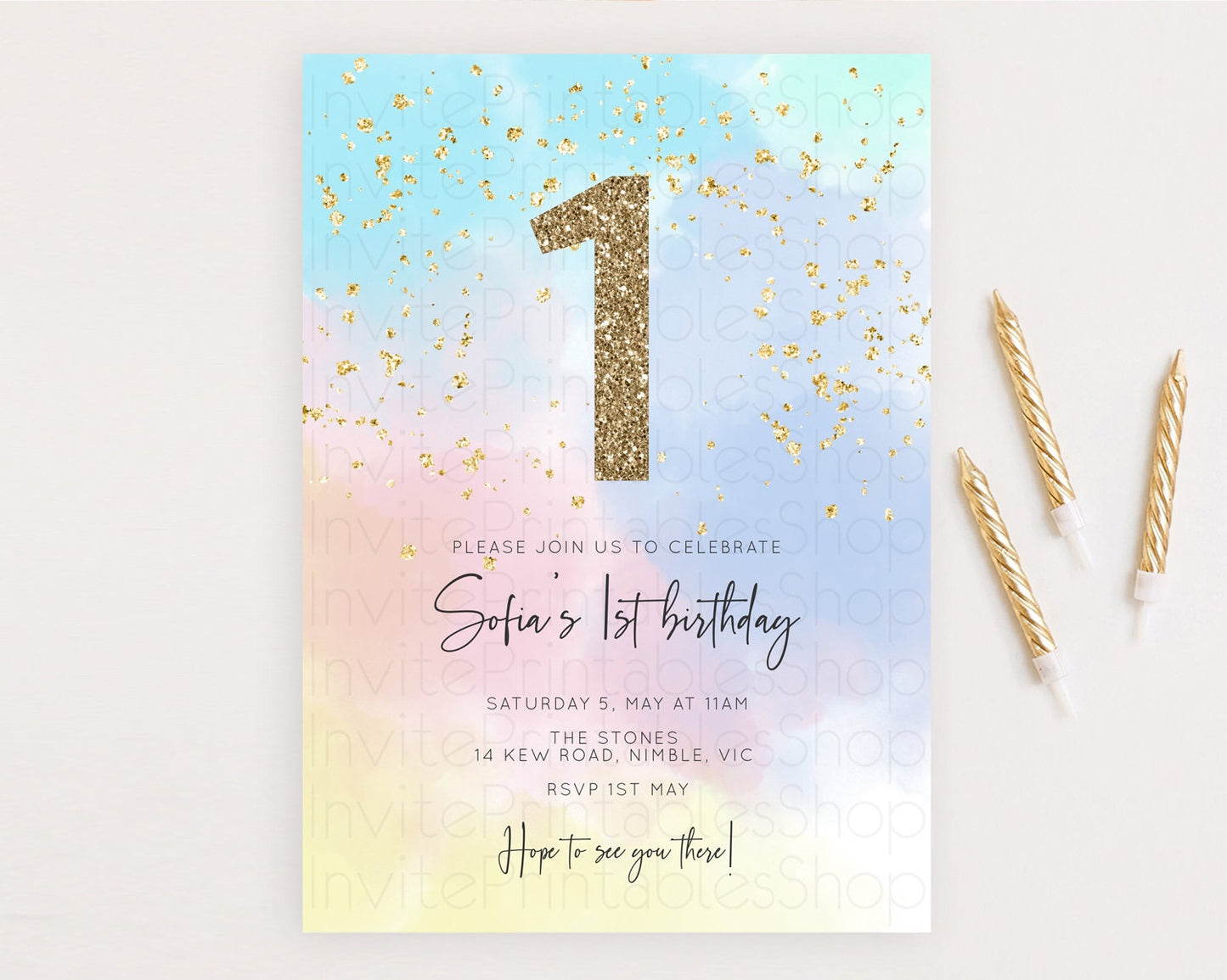 Rainbow Birthday Invitation Colorful Pastel Watercolor Invitation Gold Glitter Sprinkles Ombre Pastel 1st 2nd 3rd Birthday D10368