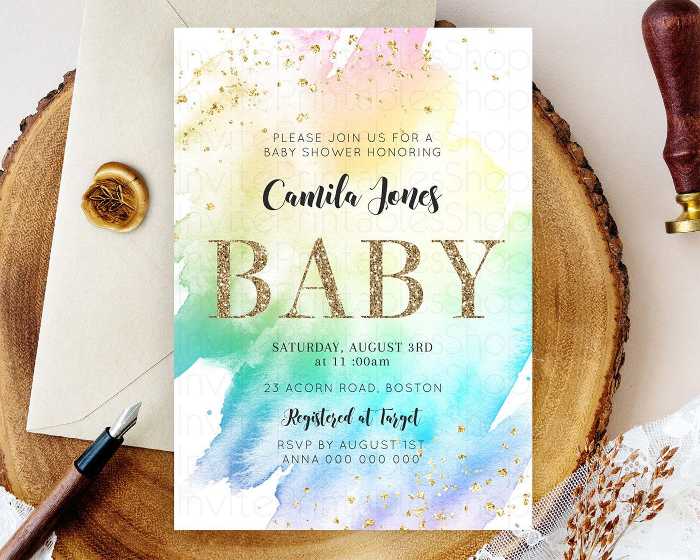 Pastel Rainbow Baby Shower Invitation with Gold Glitter Sprinkles, Colorful Watercolor Ombre Theme in Pink, Yellow, Blue, and Purple D10256