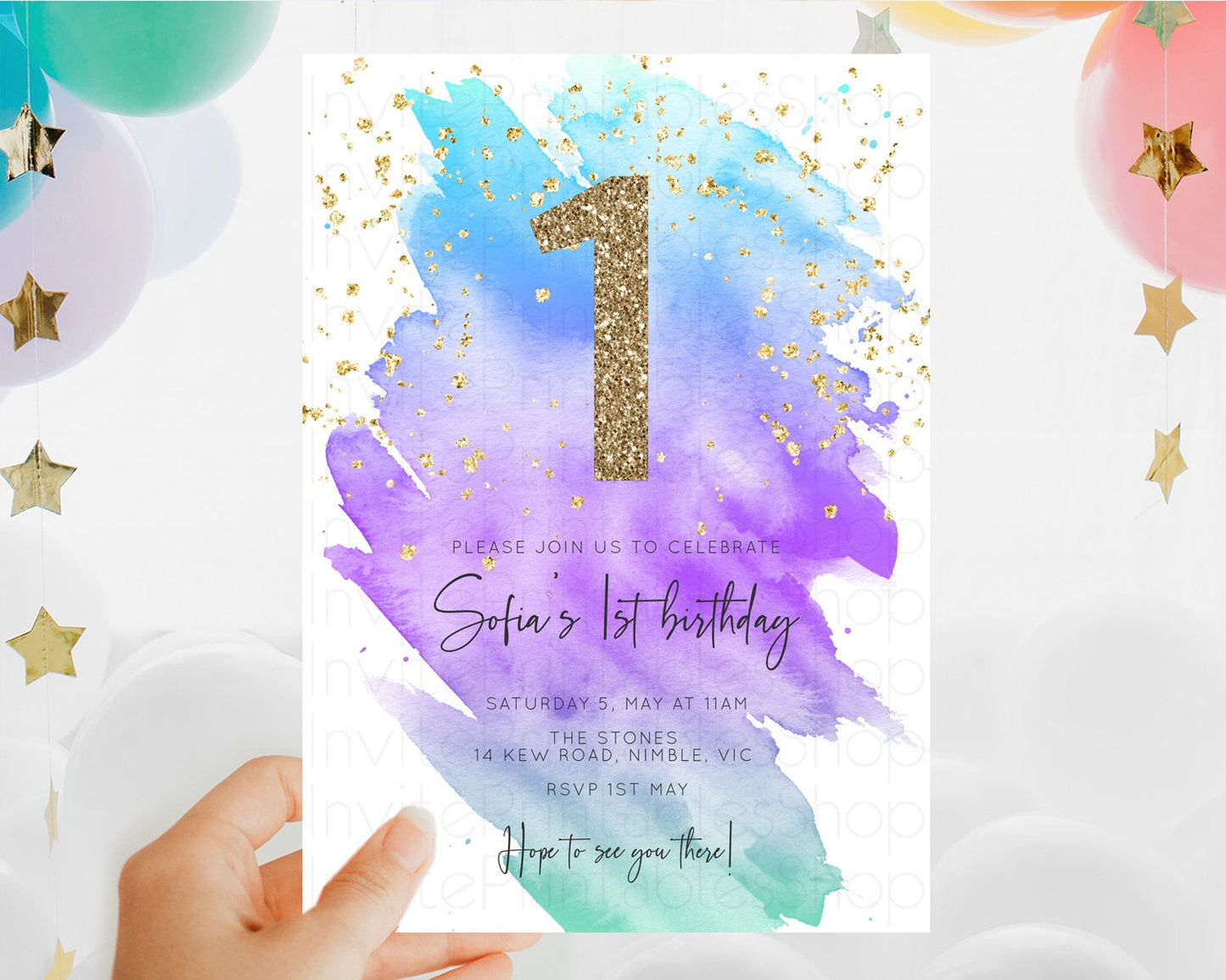 Editable Rainbow Birthday Invitation Colorful Pastel Watercolor Invitation G