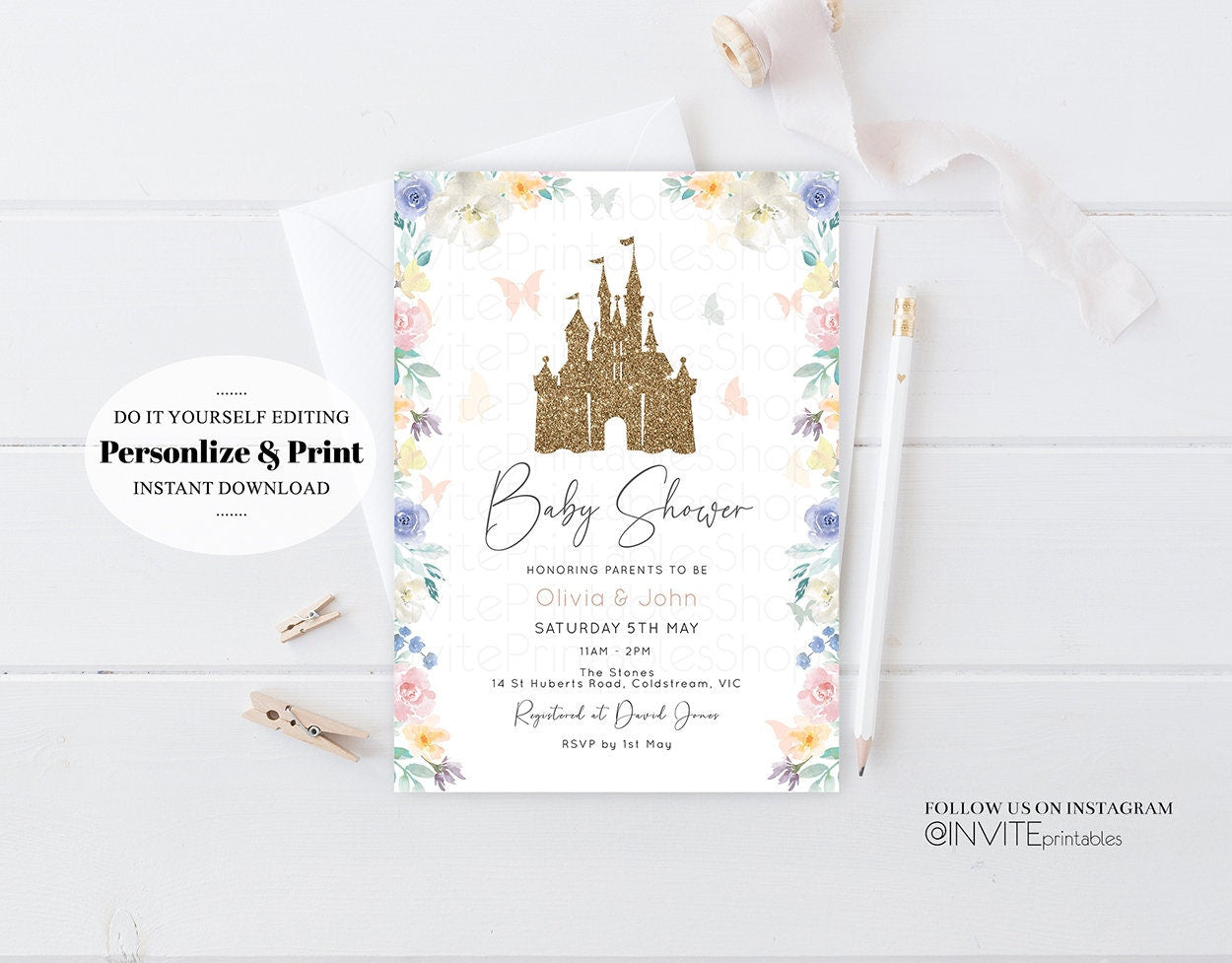 Princess Baby Shower Castle Invitation Disney Invitation Glitter Pastel Florals Secret Garden Enchanted Castle Magical Butterflies Flutters