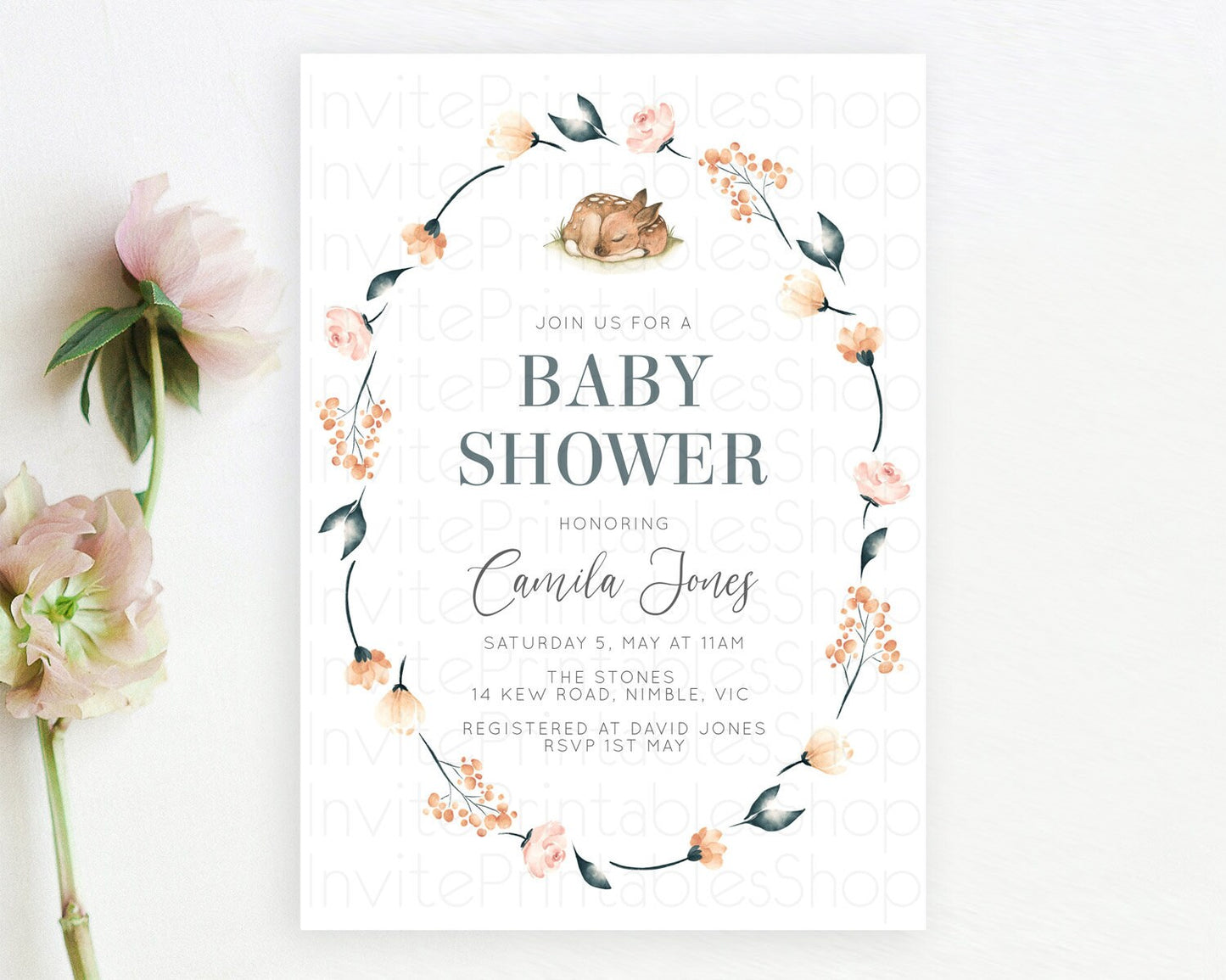 Fawn Baby Shower Invitation, Enchanted Forest, Whimsical Deer, Woodland, Pastel Flowers, Floral Crown, Organic Orange Pink Green Tone D10790