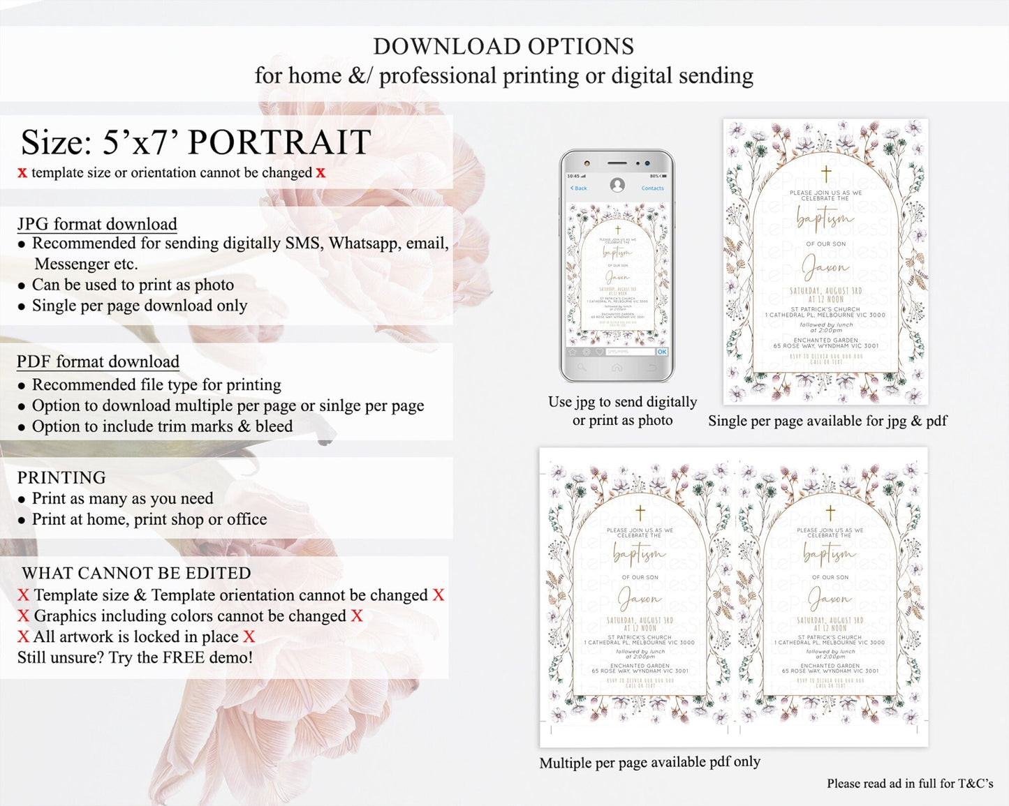 Secret Garden Baptism Invitation Wildflower Baptism Birthday Invite Pastel Flowers Christening Invite Enchanted Garden Boho Floral D10604