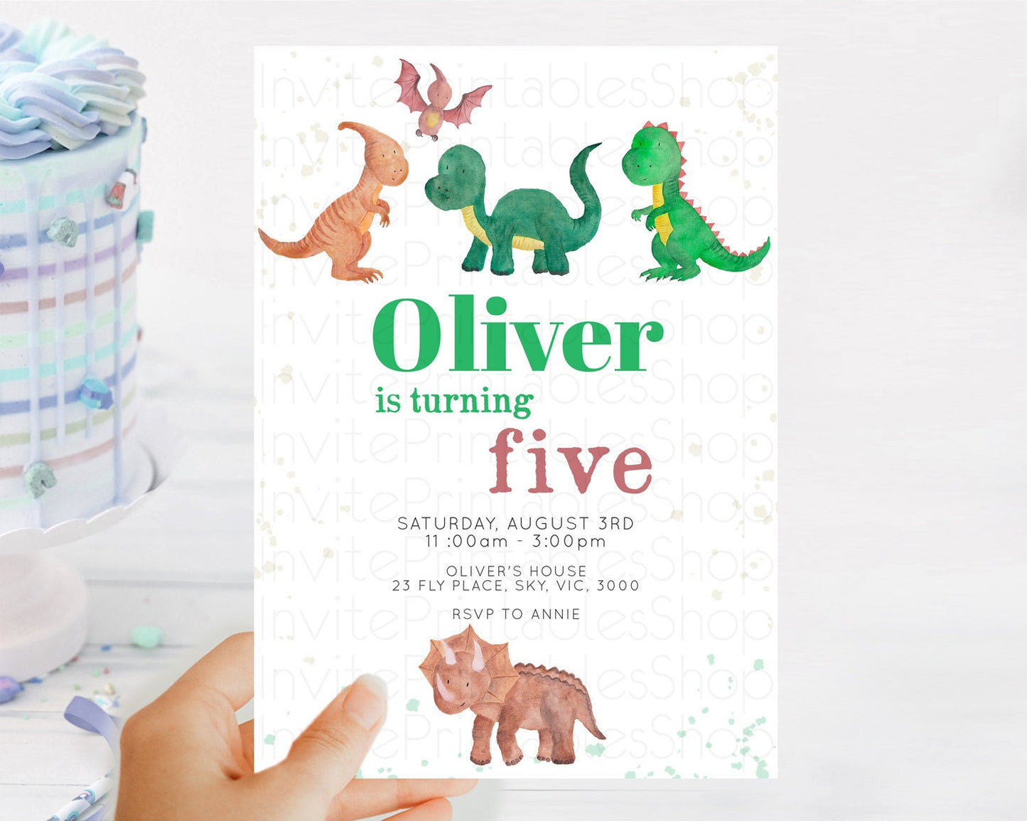 Dinosaur Birthday Invitation Dinosaur Volcano Invitation Watercolor Dinosaur Volcano T-Rex Raptor Jurassic 1st 2nd 3rd Birthday D10153